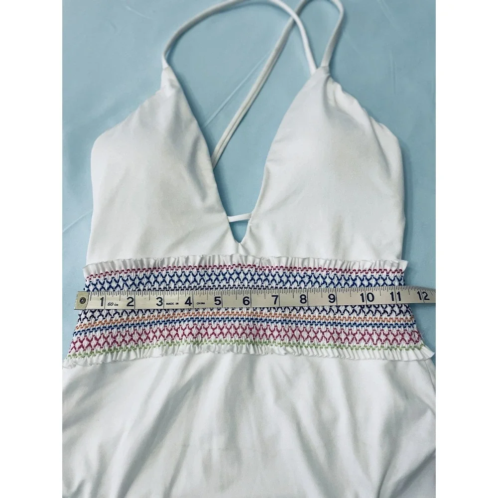 Bar III Swimsuit Womens Small White One Piece Smocked Waist Multicolor Trim Swim